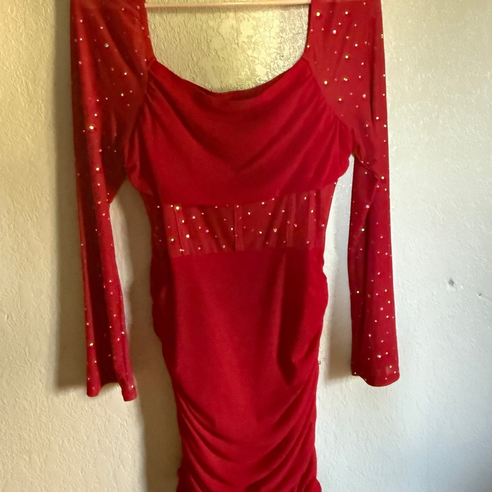 Elegant Red Dress with Sheer Sleeves